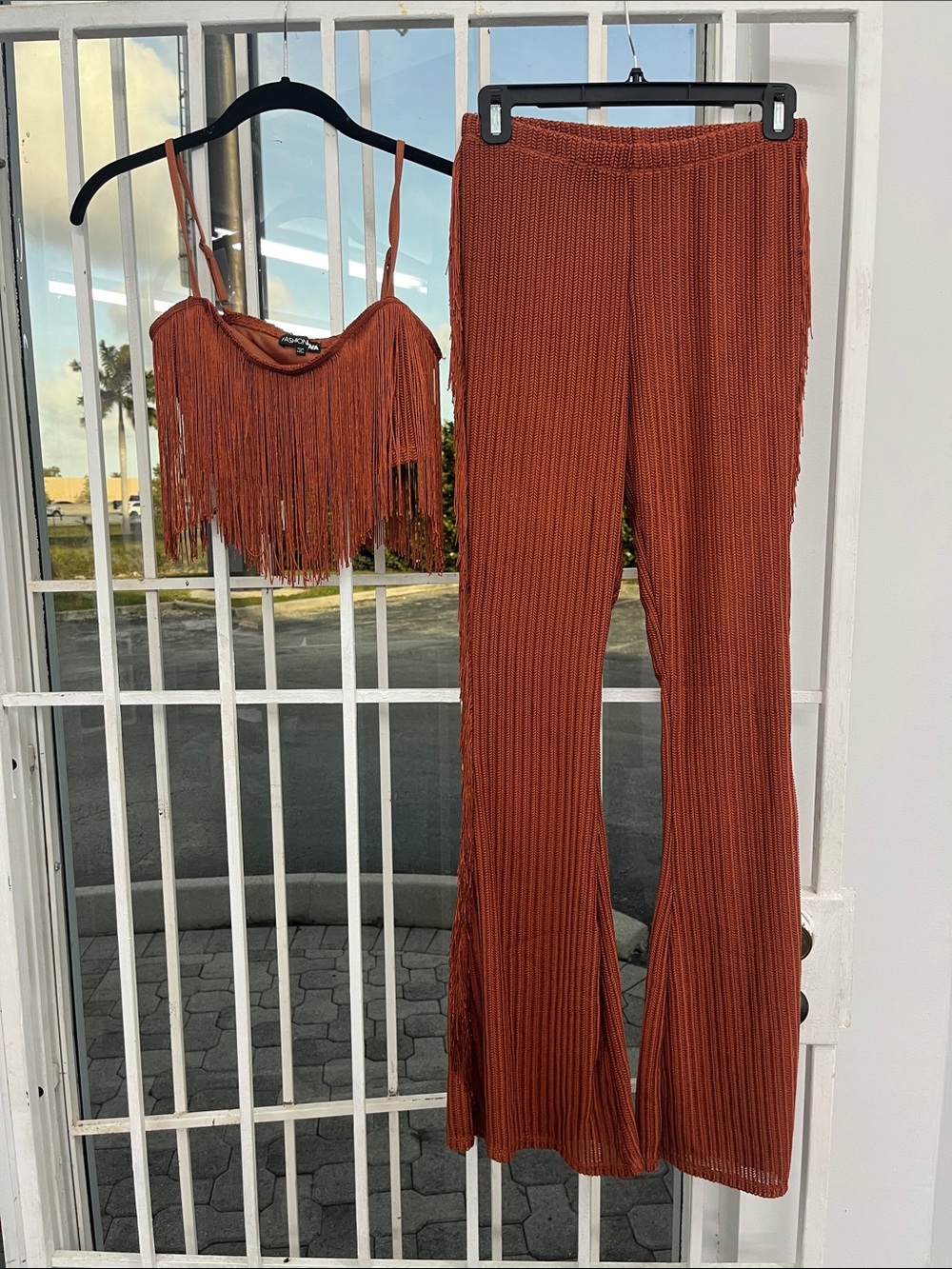 Fashion Nova Rust Fringe Knit Flare Pants Set